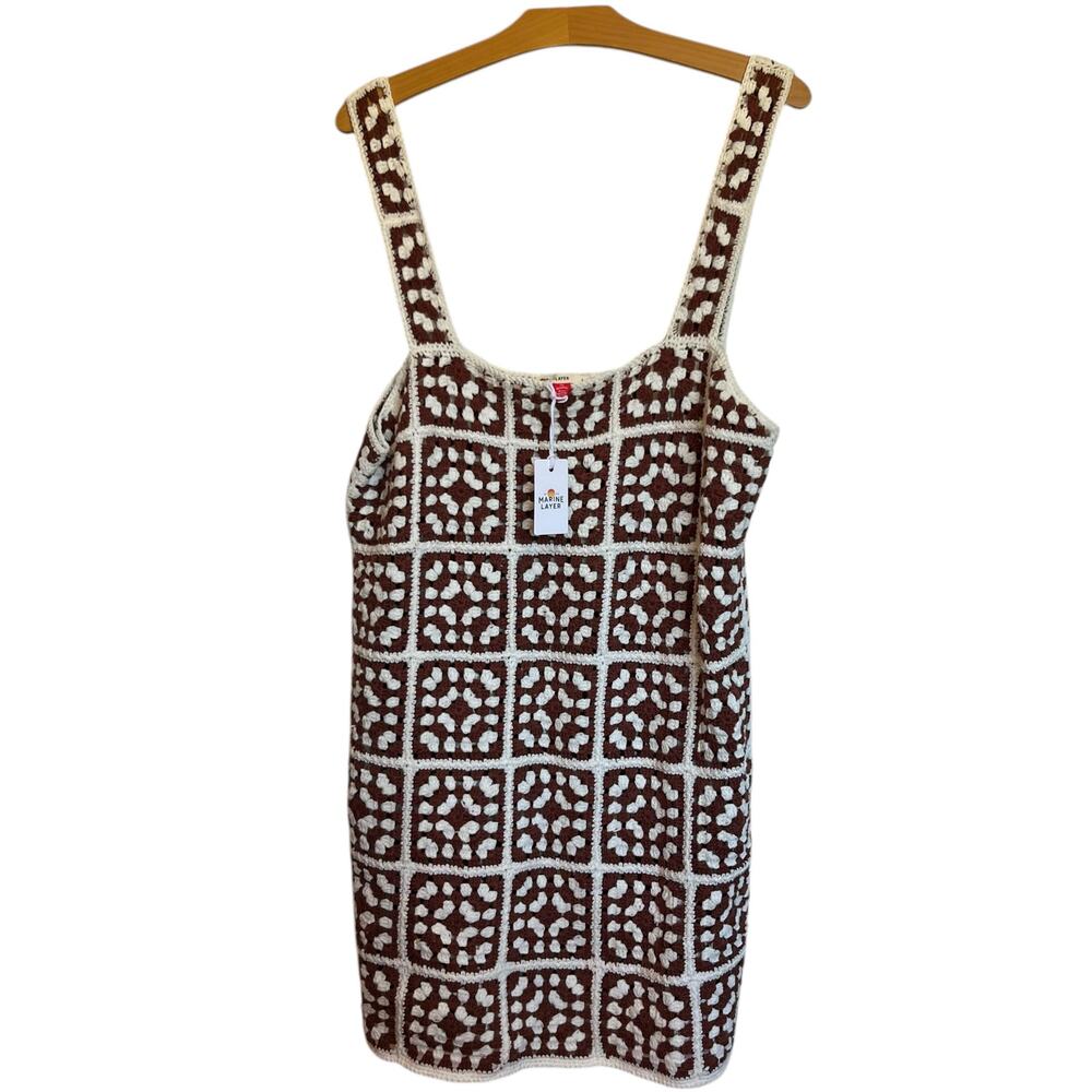 NWT Marine Layer Archive Celeste Crochet Dress Brown White Granny Square Size L - Picture 2 of 13
